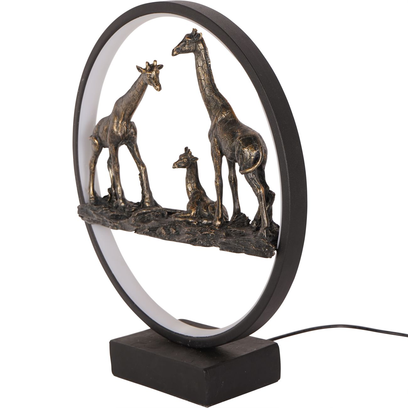 Antique Bronze Giraffe Family Sculpture with LED Ring Light